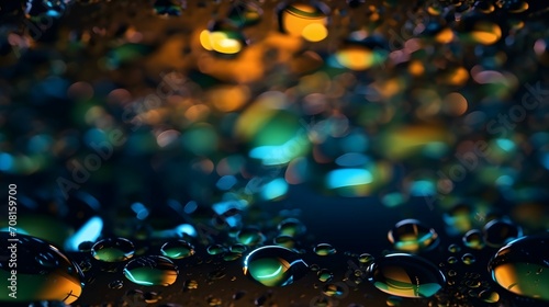 water droplets on glass, dark atmospheric, blue, green and orange neon lights in background, hyperdetailed, bokeh