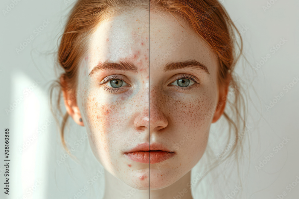 Before and After: The Transformative Power of Skincare." Two halves of a woman's face, one with 