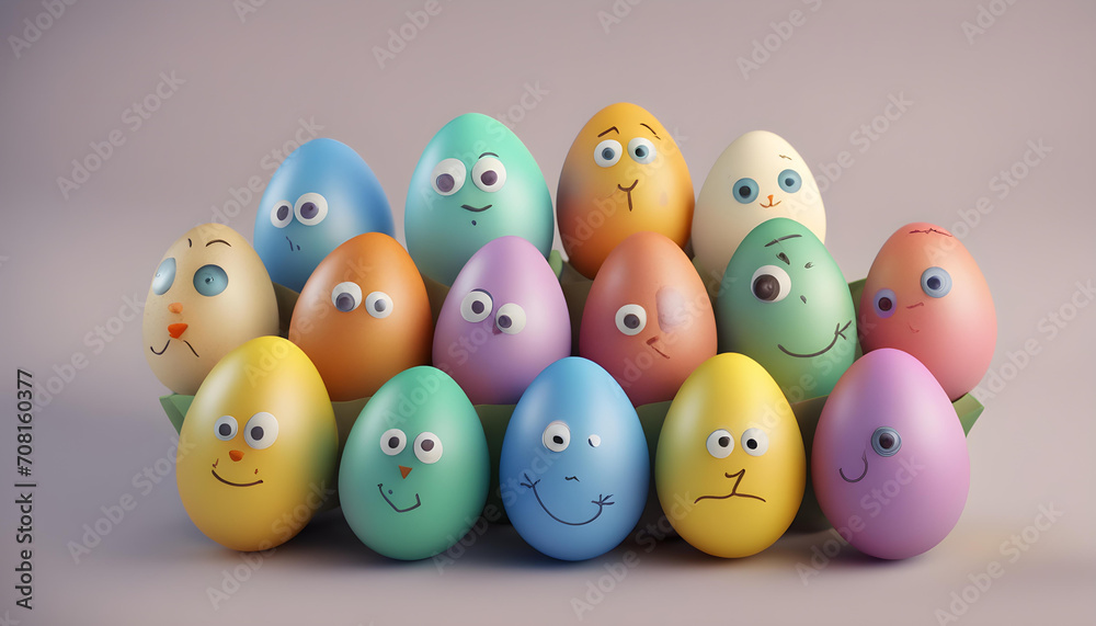 Funny Smiling Easter Eggs on clean background with copy-space. Funny Smiling Easter Eggs on clean background with copy-space.