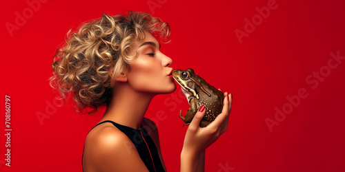 Elegant gekleidete Frau küsst einen Frosch auf der Suche nach dem perfekten Partner photo