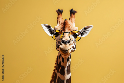giraffe wearing glasses on a yellow background