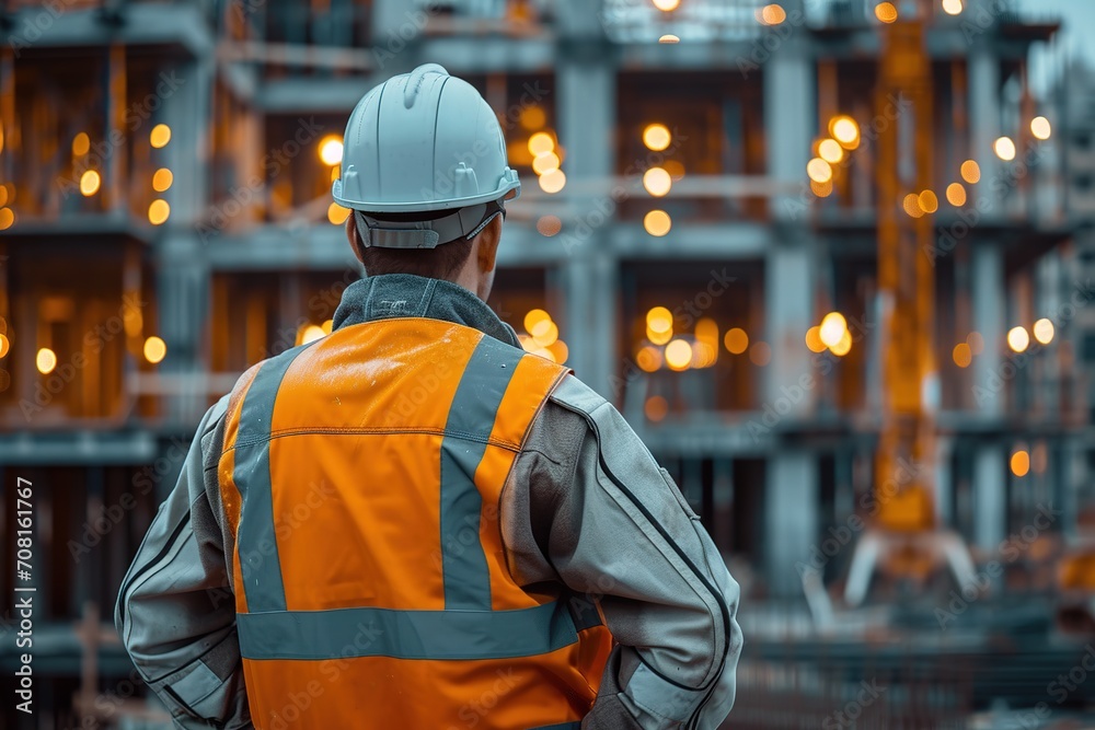 Back view of construction engineer in standard safety looking at the building in the construction site, Back view of construction engineer in standard safety looking at the building in the construction site,
