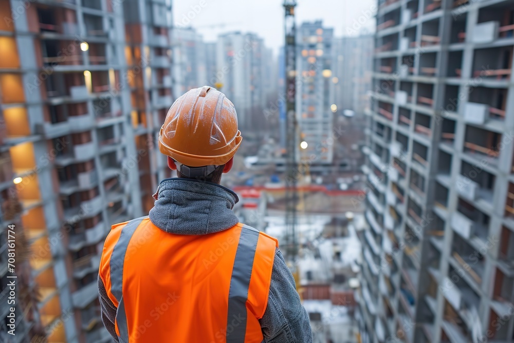 Back view of construction engineer in standard safety looking at the building in the construction site, Back view of construction engineer in standard safety looking at the building in the construction site,
