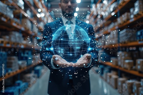 Businessman holding virtual interface panel of global logistics network distribution and transportation, Smart logistics, Innovation future of transport on large warehouse center background.,