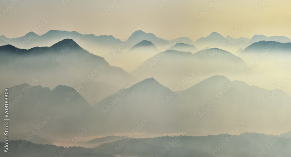 silhouettes of morning mountains. foggy morning in the Carpathians. Mountain landscape - obrazy, fototapety, plakaty 