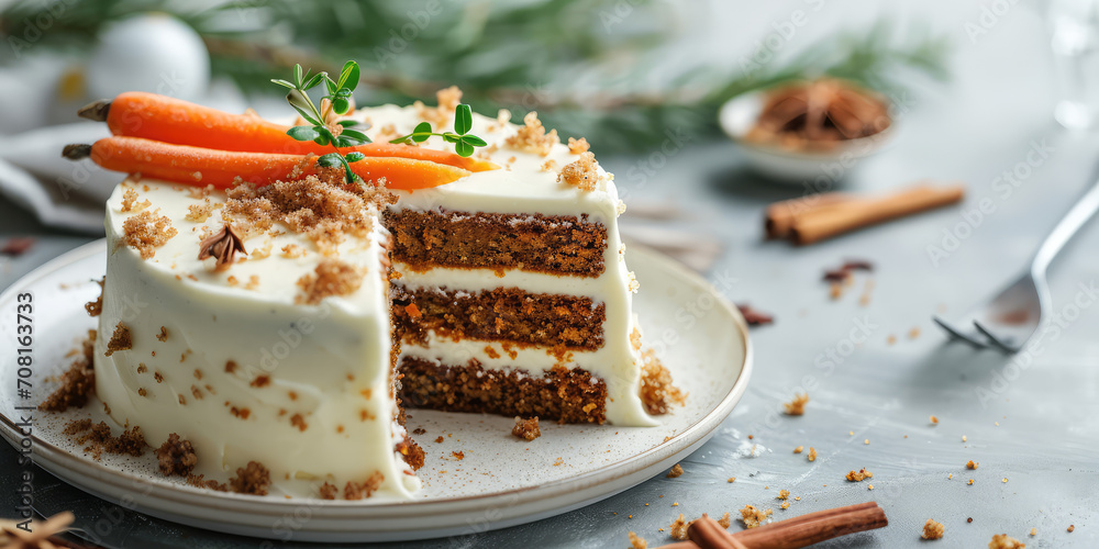 Elegant Carrot Cake Delight. Carrot cake with cream cheese frosting and decorated in marble table background. Elegant Carrot Cake Delight. Carrot cake with cream cheese frosting and decorated in marble table background.