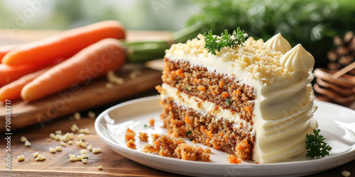 Elegant layered Carrot Cake Delight. Carrot cake with cream cheese frosting and decorated in kitchen background. photo