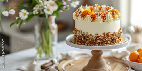 Elegant Carrot Cake Delight, flowers. Carrot cake with cream cheese frosting and decorated in kitchen background.