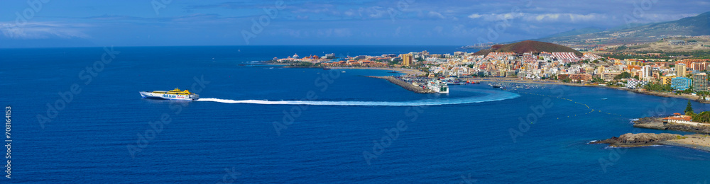 panoramic, panorama town view, city scape of Los Cristianos and rapid ferry Fred Olsen Express, Tenerife, Canary Islands, Spain, Europe