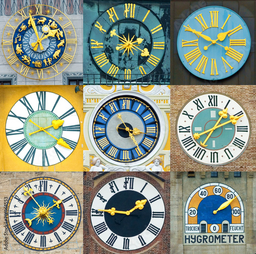 different clocks in Munich, Bavaria, Germany for example Munich Re Insurance, Kreuzkirche, Hygrometer of , Liebfrauendom, Muellersches Volksbad, St. Cajetan, Hygrometer at Deutsches Museum, St. Peter photo