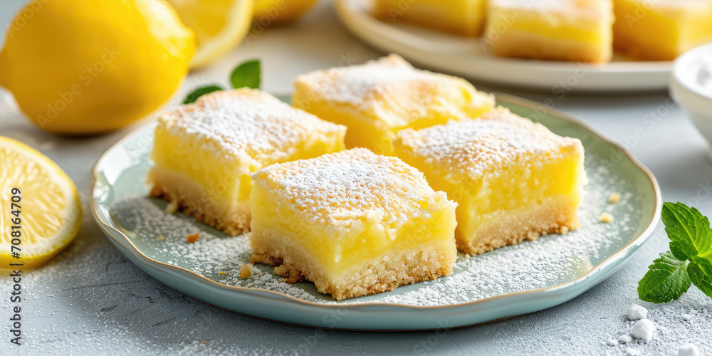 Zesty Lemon Bars dessert. Stack of lemon bars dusted with sugar, lemons, on pink background. Zesty Lemon Bars dessert. Stack of lemon bars dusted with sugar, lemons, on pink background.