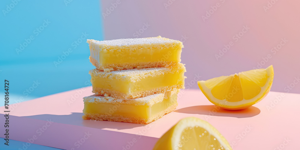 Zesty Lemon Bars dessert. Stack of lemon bars dusted with sugar, lemons, on pink background with copy space. Zesty Lemon Bars dessert. Stack of lemon bars dusted with sugar, lemons, on pink background with copy space.