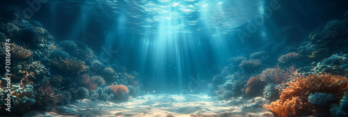 Underwater banner background. Transparent deep water of the ocean or sea with rocks, fish and plants.