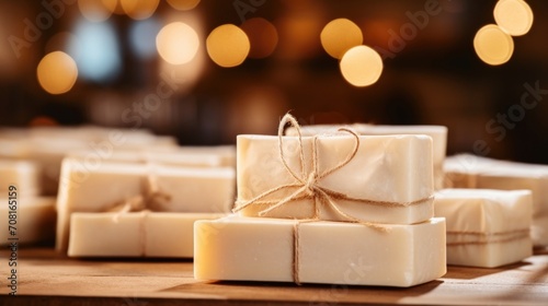 Closeup of a handcrafted bar of soap with minimal, recyclable packaging. photo