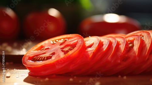 Macro shot of a juicy red tomato being sliced into thin rounds on a wooden ting board. © Justlight