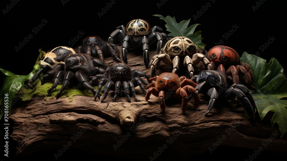 Multiple tarantulas on a textured surface, showcasing the diversity of