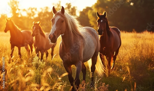 Horses in a field at sunrise, basked in golden light.