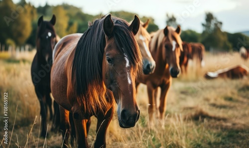 A diverse herd of horses grazing in a lush green pasture. © Jan