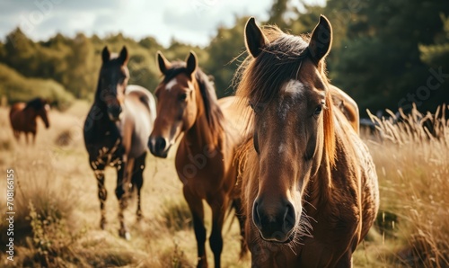 A diverse herd of horses grazing in a lush green pasture.