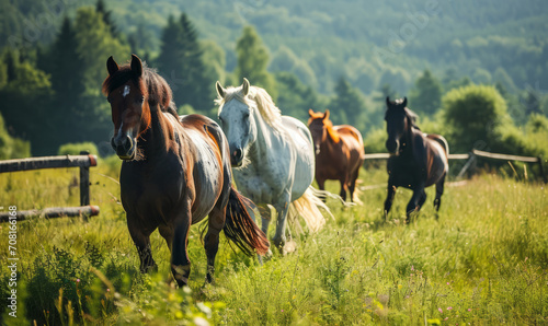 Horses walking calmly through a green meadow with trees.
