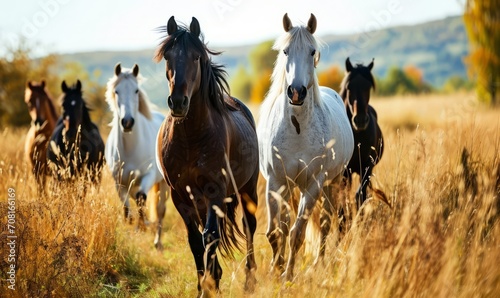 Wild horses walking calmly through a dry meadow. © Jan