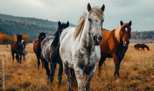 Wild horses walking calmly through a dry meadow.