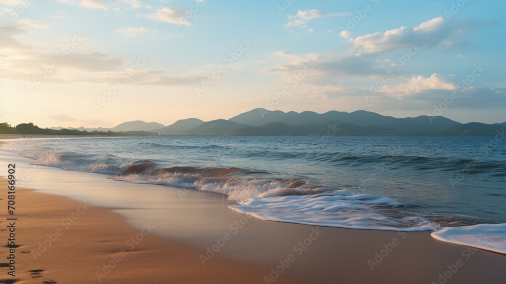 Pristine Hokkaido shoreline at dawn, with the first light casting a golden glow on the untouched beach sands -Generative Ai
