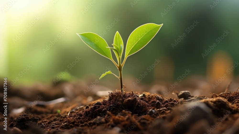 Fototapeta premium Detailed closeup of a tree seedling sprouting from the ground, surrounded by fallen leaves.