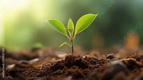 Detailed closeup of a tree seedling sprouting from the ground, surrounded by fallen leaves.