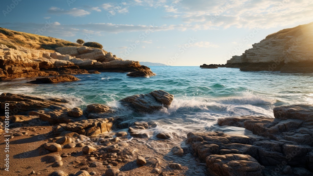 Rocky outcrops framing Menorca's pristine beaches, offering a natural coastal masterpiece -Generative Ai