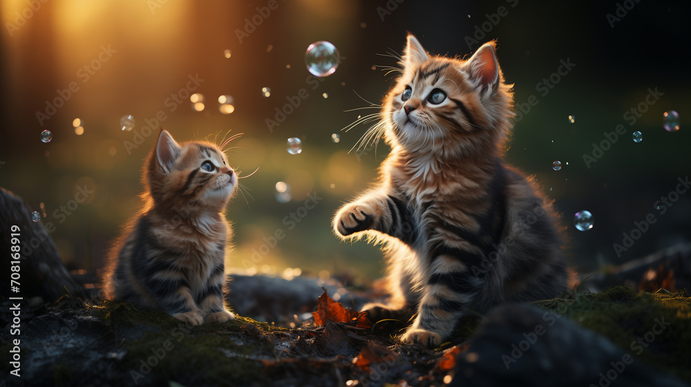 kittens playing with soap bubbles
