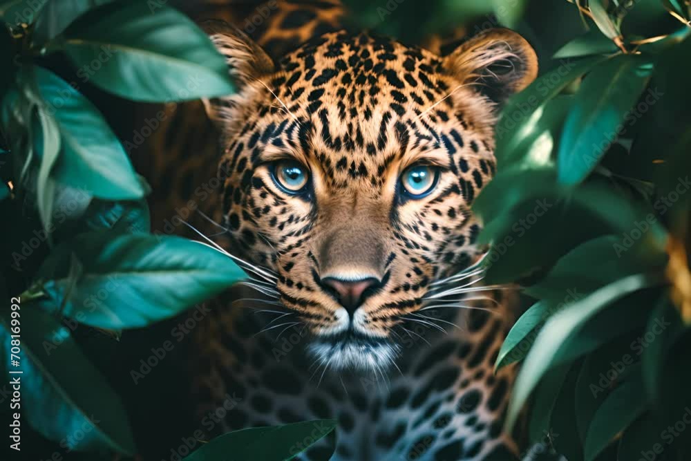 A leopard with striking blue eyes peering through green leaves.