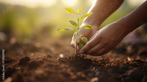 Closeup of a pair of hands planting a young tree, promoting reforestation efforts.