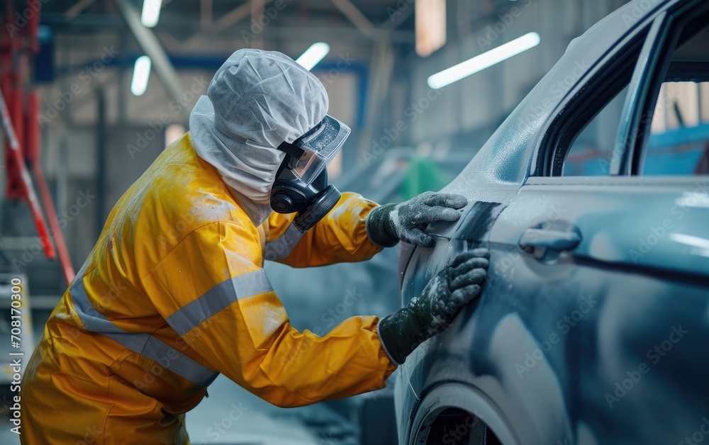 Worker painting a car