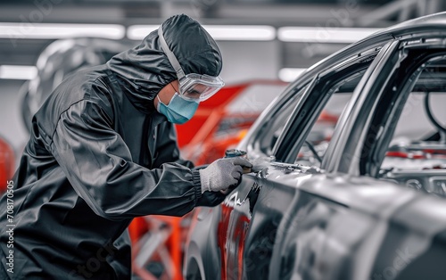 Worker painting a car