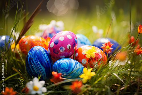 Osternest mit bunten Eiern, Ostereier Suche an Ostern, ein warmes Osterfest im Frühling, Ostern in der Natur photo