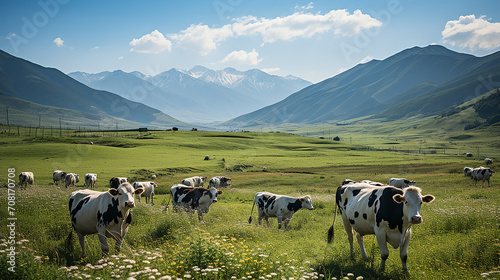 Cows eating lush grass on a green field in front of the mountain photo