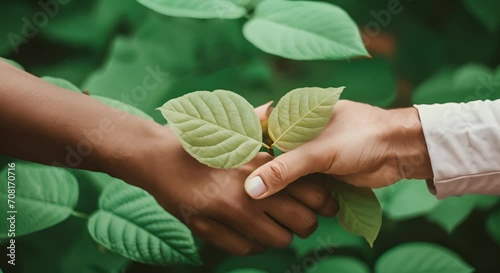 Two hands of different skin tones holding a plant leaf together.
