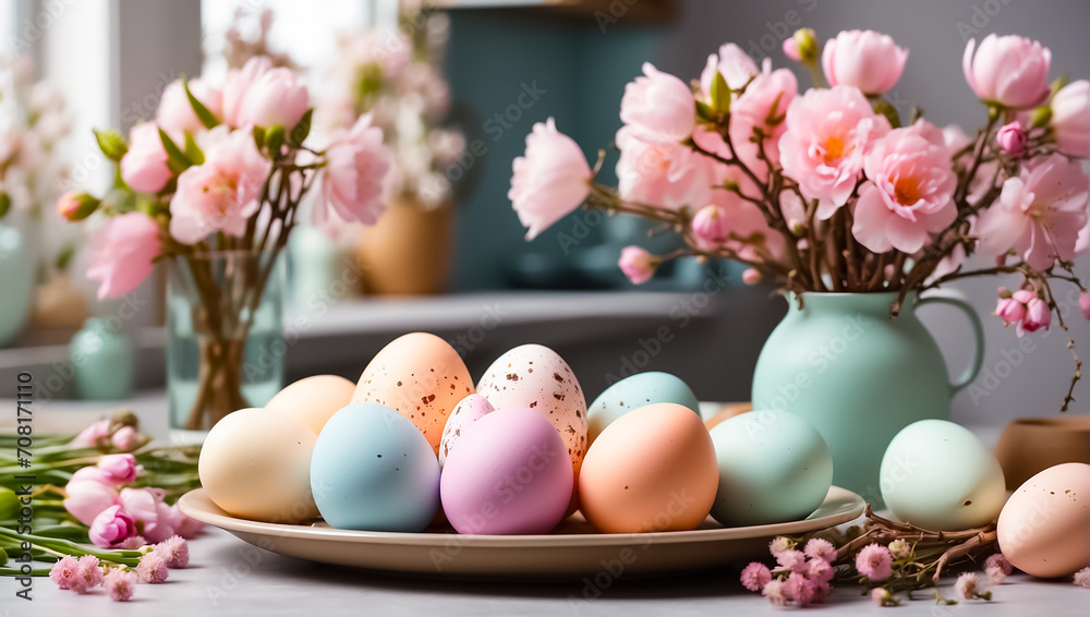 Easter eggs in pastel colors, beautiful flowers in the kitchen