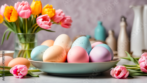 Easter eggs in pastel colors, beautiful flowers in the kitchen