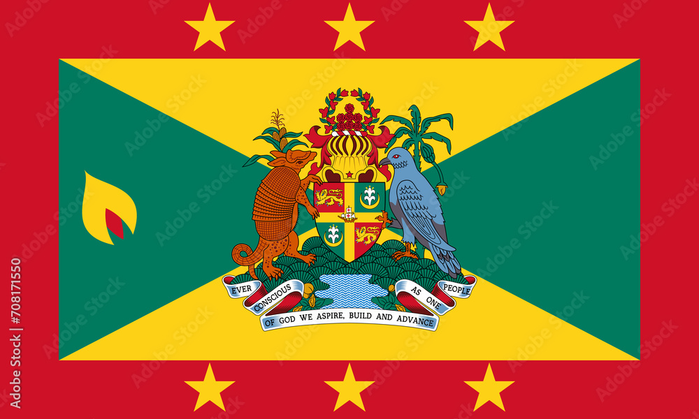 The official current flag and coat of arms of Grenada. State flag of Grenada texture. Illustration.