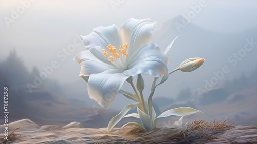 Soft focus on a single Anguloa uniflora against a blurred background, creating a dreamy and romantic floral portrait  -Generative Ai photo