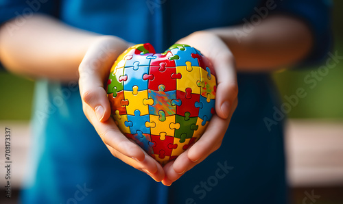 Hand holding colorful puzzle shaping love international autism day concept AI Image Generative photo