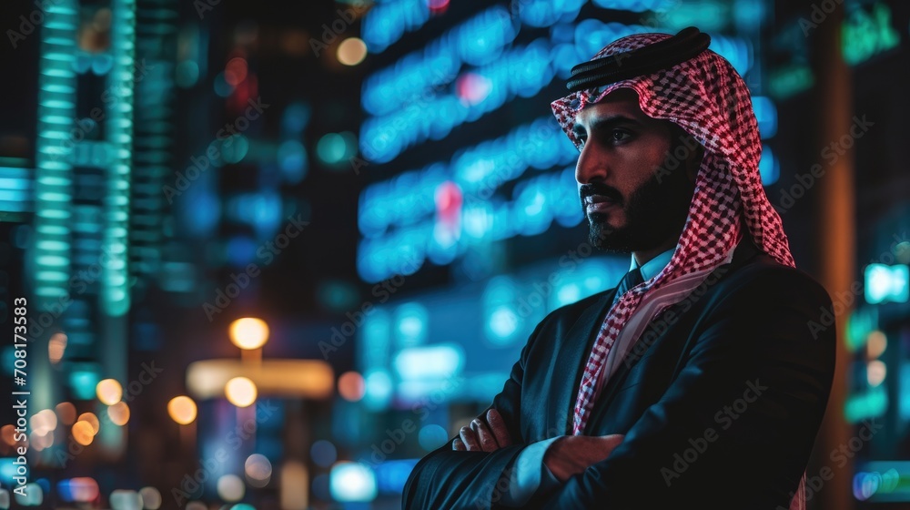 A businessman of Arab appearance with a traditional headdress on the background of graphs and stock quotes. Business and investment in the Middle East.