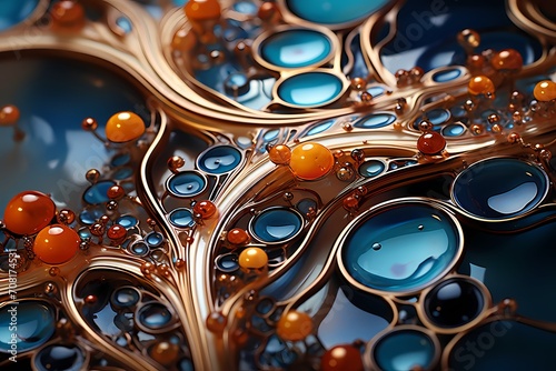 Lustrous copper and sapphire fluids creating an abstract masterpiece