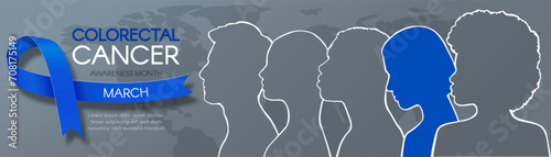 Colorectal Cancer Awareness Month. Horizontal banner with Diverse people, blue ribbon, and map, with space for text. Vector flat illustration