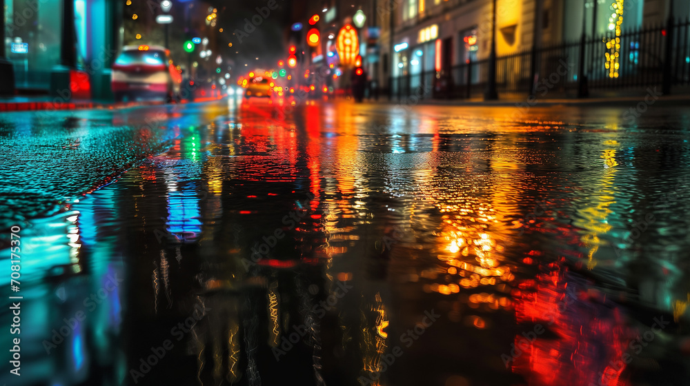 A creative composition featuring reflections of city lights on rain-soaked pavement, giving an abstract and artistic feel