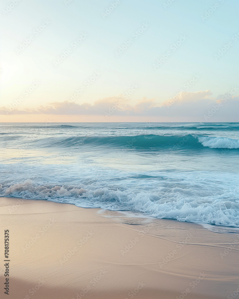A tranquil beach scene with waves gently crashing on the shore during the early morning, capturing the peacefulness of coastal life