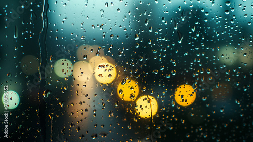 Raindrops on a windowpane with city lights reflecting in the droplets, creating an abstract and moody composition