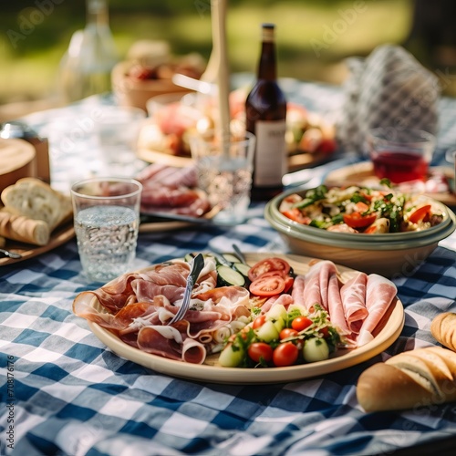 Picnic in nature at the dining table full of dishes with food and light snacks, summer decor against the backdrop of green grass. Concept: outdoor recreation, delicious food
